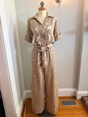 Corey Lynn Calter for Anthropologie Beige Bird-Print Tie-Waist Jumpsuit